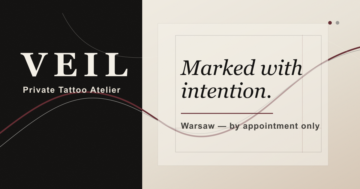 Black and ivory VEIL brand card with the words Private Tattoo Atelier and Marked with intention.